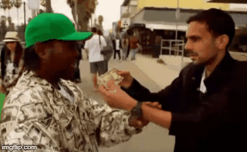 Picking paper money out of shirt with banknote motif